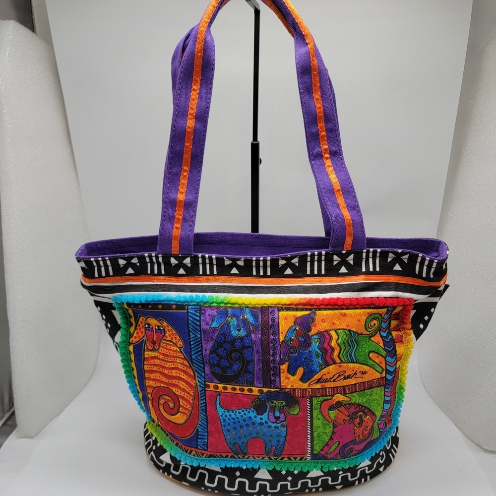 Laurel Burch Dog Tails Patchwork Canvas Zipper Top Bag Purse